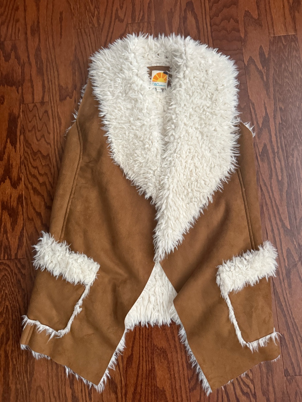 C&C California Faux Fur Vest - Brown with White Fur Trim